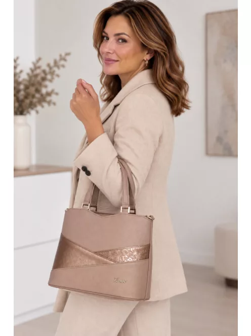 Karen D 565 drapp bronz virág mintás rostbőr női kézitáska