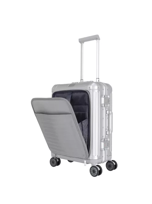 Travelite Next S+ ezüst laptoptartós kabin méretű prémium alumínium bőrönd 