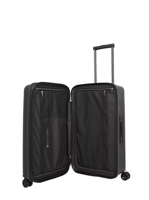 Travelite Roomer fekete 4 kerekű bővíthető közepes bőrönd