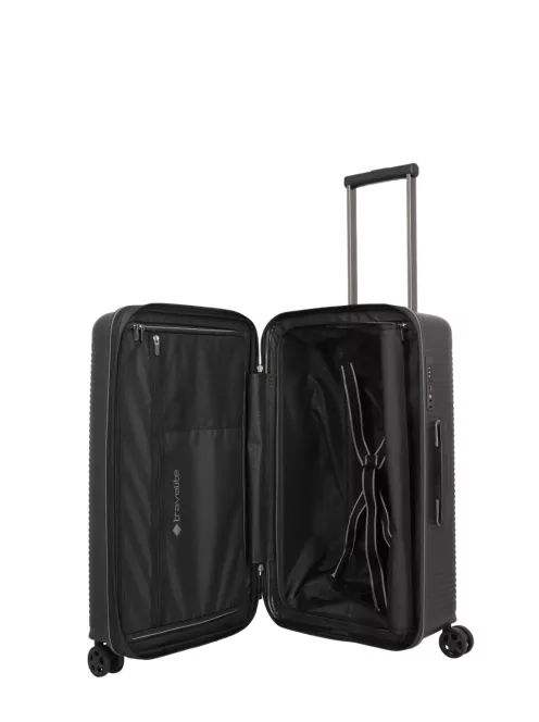 Travelite Roomer fekete 4 kerekű bővíthető közepes bőrönd