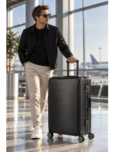   Travelite Next L fekete nagy méretű prémium alumínium bőrönd 