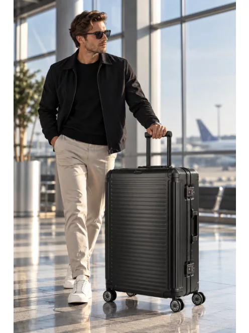 Travelite Next L fekete nagy méretű prémium alumínium bőrönd 