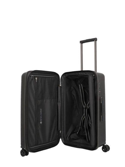Travelite Roomer fekete 4 kerekű bővíthető közepes bőrönd
