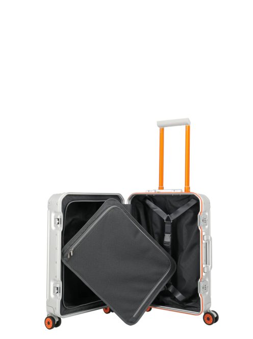 Travelite Next ezüst-narancs alumínium 4 kerekű csatos kabinbőrönd
