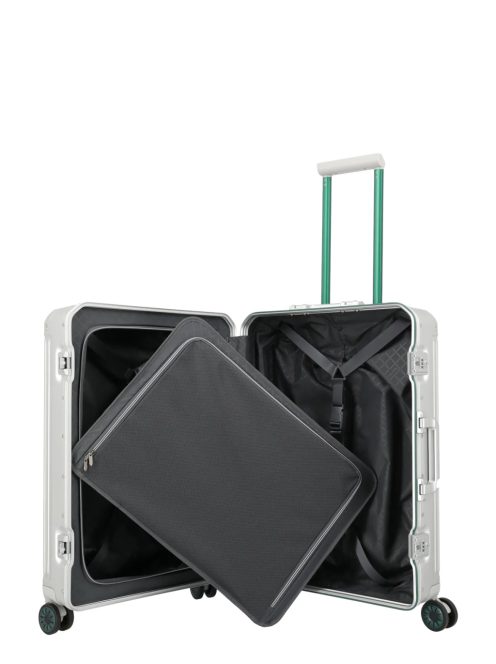 Travelite Next ezüst-zöld alumínium 4 kerekű csatos közepes bőrönd