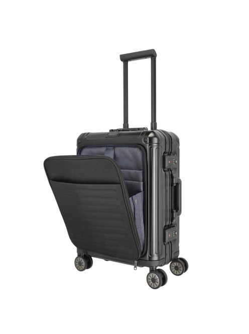 Travelite Next fekete alumínium 4 kerekű első zsebes kabinbőrönd