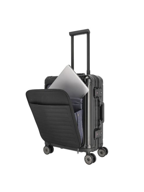 Travelite Next fekete alumínium 4 kerekű első zsebes kabinbőrönd