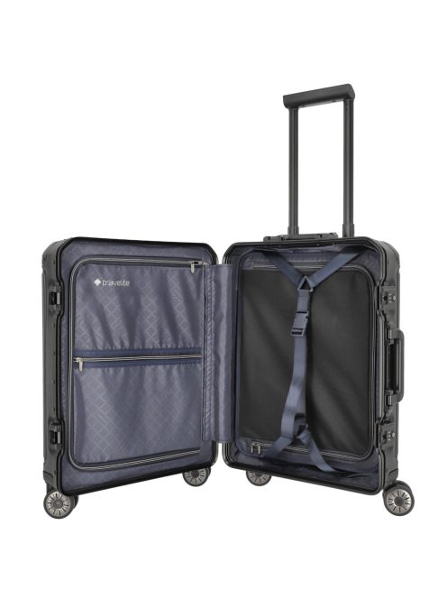 Travelite Next fekete alumínium 4 kerekű első zsebes kabinbőrönd