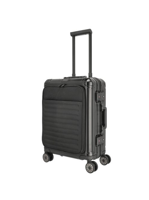Travelite Next fekete alumínium 4 kerekű első zsebes kabinbőrönd