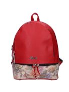 Karen Milton piros-bézs színes virágos rostbőr női hátizsák