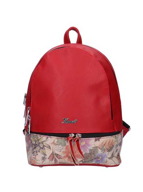 Karen Milton piros-bézs színes virágos rostbőr női hátizsák