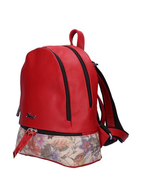 Karen Milton piros-bézs színes virágos rostbőr női hátizsák