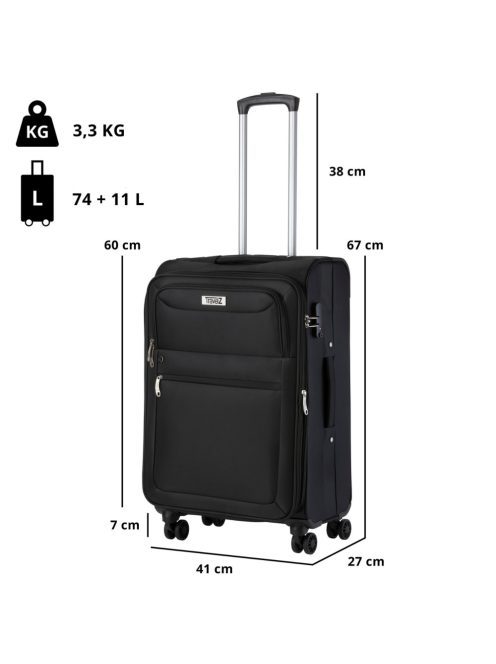 TravelZ Softspinner fekete 4 kerekű bővíthető közepes bőrönd