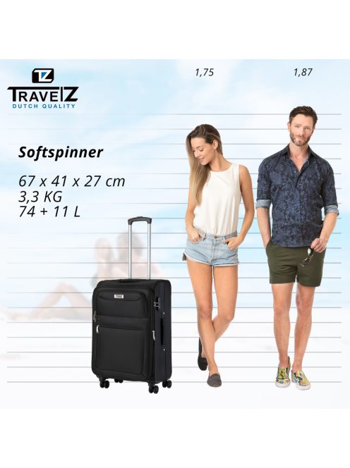 TravelZ Softspinner fekete 4 kerekű bővíthető közepes bőrönd